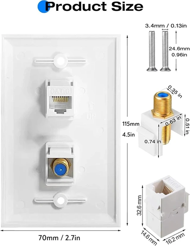 Alt view image 4 of 7 - Coax Keystone 10pcs Ethernet Coax Wall Plat, 2-Port/3-Port Cat6 Keystone Jack Coupler and Gold Plated RG6 Insert Plate(1-Port)