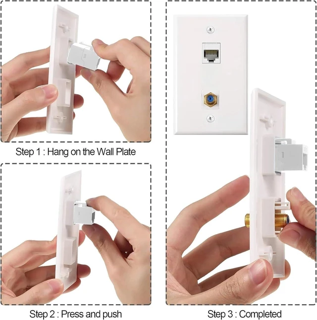Alt view image 6 of 7 - Coax Keystone 10pcs Ethernet Coax Wall Plat, 2-Port/3-Port Cat6 Keystone Jack Coupler and Gold Plated RG6 Insert Plate(1-Port)