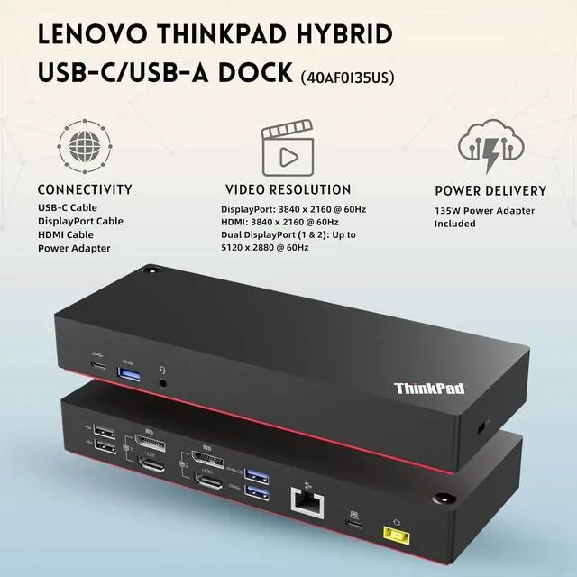 Alt view image 4 of 7 - Lenovo 40AF0135US Thinkpad Docking Station Dual Monitor Hybrid USB-C with USB-A | Comes with 135W, HDMI, DP, USB C to A Cables (NEW)