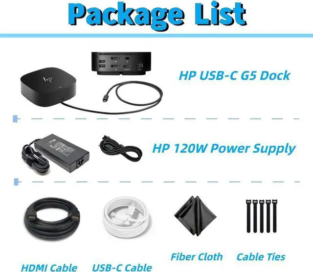 Alt view image 5 of 5 - HP USB-C G5 Dock - 5YH26AV#ABB / 5TW10UT#ABA Multiport Docking Station for Both USB-C and Thunderbolt Laptops, Dual Monitor, Notebooks - w/ 120W Power Adapter, HDMI Cable & Type-C Cable (Rennewed)