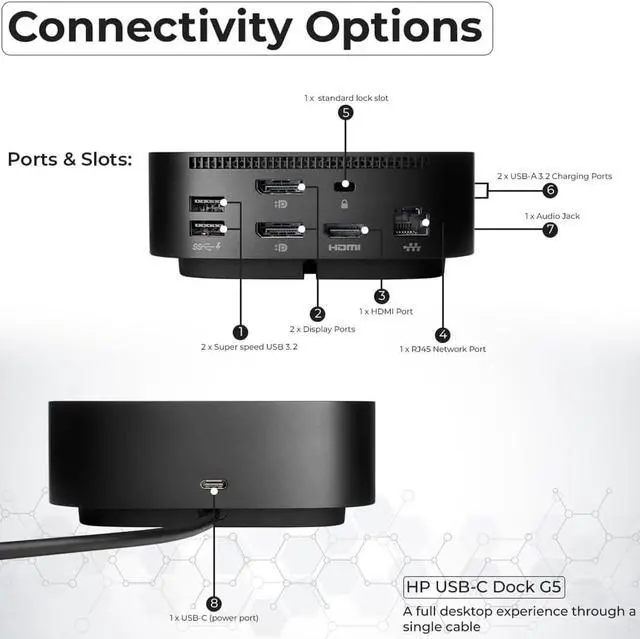 Alt view image 4 of 7 - HP Docking Station for Laptop Dual Monitor and Charging Bundle - HP USB-C G5 Dock 5TW10AA / 5TW10UT / 5TW10AA#ABB with 120W Adapter, HDMI, DisplayPort, USB-C Cables & Microfiber Cleaning Cloth