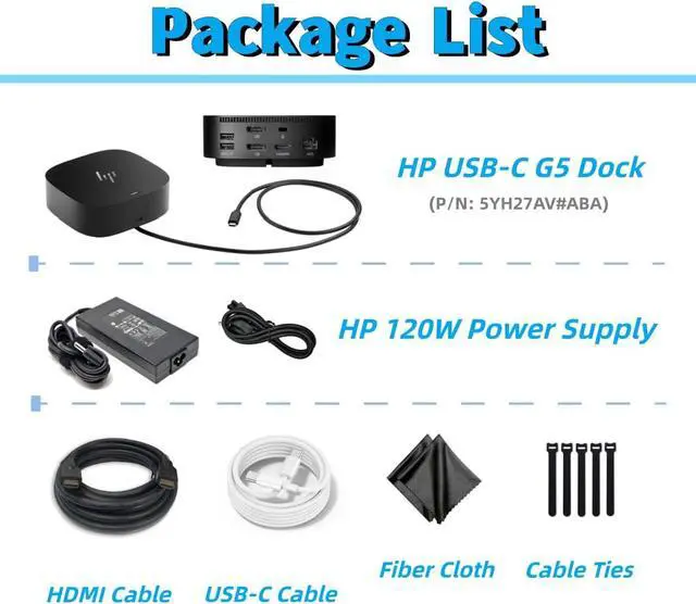 Alt view image 4 of 4 - Genuine HP Docking Station for Laptop Dual Monitor and Charging Bundle-HP USB-C G5 Dock 5YH27AV#ABA with 120W AC Adapter, HDMI Cable & USB-C Cable & 2 x Fiber Cloth & 5 x Reusable Cable Ties