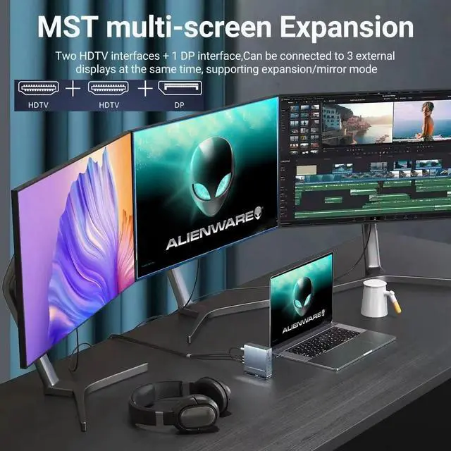 Alt view image 2 of 7 - Docking Station for Dell Alienware m17 m16 m15 x17 x16 x15 x14 Area-51m 16 Aurora Gaming Laptop,15-in-1 USB C with 360 ° Rotating Base, 2*4K HDMI and 1*DP, 10Gbps USB Port Transfer, RJ45, Audio, SD/TF