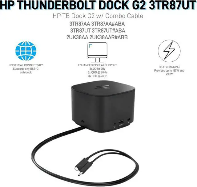 Alt view image 2 of 7 - HP Thunderbolt Dock G2 with Combo Cable 3TR87UT#ABA Docking Station, Powerful 230W Power Delivery, Supports up to 4 Displays, Versatile Connectivity -USB-A, USB-C, DisplayPort, VGA, RJ45 & Audio Ports
