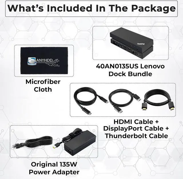 Alt view image 2 of 7 - Lenovo 40AN0135US Thunderbolt 3 Dock - Gen 2 Dual UHD 4K Display with 135W Power Adapter, Thinkpad Lenovo Docking Station Dual Monitor with HDMI, DisplayPort, Thunderbolt Cable, Cloth