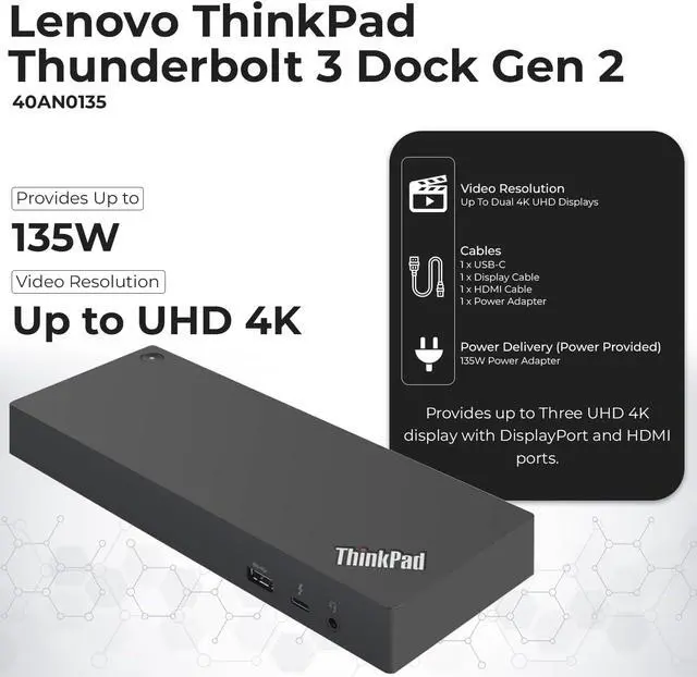Alt view image 3 of 7 - Lenovo 40AN0135US Thunderbolt 3 Dock - Gen 2 Dual UHD 4K Display with 135W Power Adapter, Thinkpad Lenovo Docking Station Dual Monitor with HDMI, DisplayPort, Thunderbolt Cable, Cloth