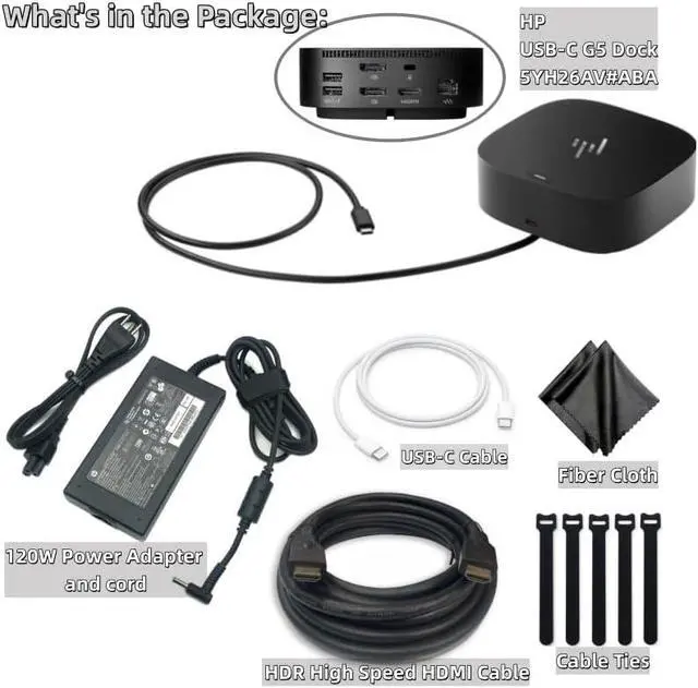 Alt view image 4 of 4 - HP 5YH26AV#ABA USB-C G5 Dock - HP HSN-IX02 L64086-001 L75125-001 Docking Station for Laptop Dual Monitor and Charging Bundle w/ 120W AC Adapter, HDMI Cable, USB-C Cable, Fiber Cloth, Cable Ties