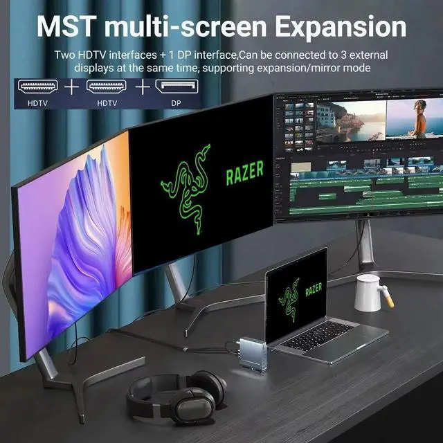 Alt view image 2 of 7 - Docking Station for Razer Blade 18 17 16 15 14 Pro 17 Gaming Laptop, 15-in-1 USB C with 360 ° Rotating Base, 2 * 4K HDMI and 1*DP, 10Gbps USB Port Transfer, RJ45, Audio