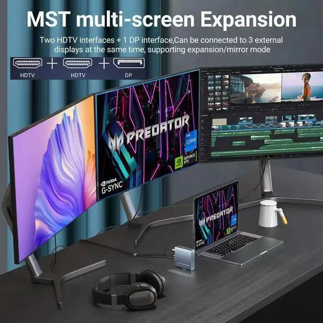 Alt view image 2 of 7 - Docking Station for Acer Predator Helios 16 18 300 500 (Neo 16 18 AI) Triton 14 AI 14 17 X 300 SE 700 900 Gaming Laptop,15-in-1 USB C with 360 ° Rotating Base, 2 * 4K HDMI and 1*DP,RJ45,Audio,SD/TF