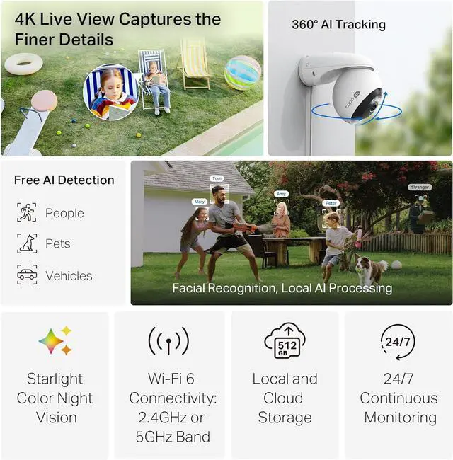 Alt view image 2 of 7 - Tapo 4K 8MP Wired Pan/Tilt Outdoor Security Camera, Free Person/Vehicle Detect & 360° View, Color Night, Local AI, SD/Cloud Storage, Works w/Alexa & Google Assistant, 2.4 GHz WiFi C560WS