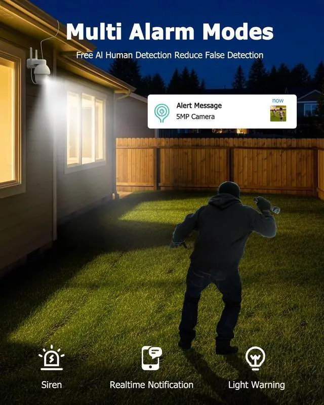 Alt view image 7 of 7 - VIZIUUY 5MP Solar Security Camera Outdoor, Wireless Battery Powered Security Camera with 360°View, Pan and Tilt, Color Night Vision with Floodlight,PIR Human Detection with 128GB SD Card(3 Pack)