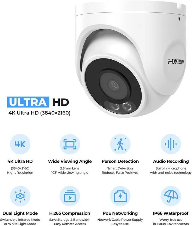 Alt view image 5 of 7 - H.VIEW UltraHD 4K (8MP) Outdoor Security IP Turret PoE Camera, 3840x2160, 98ft NightVision, P67 Weatherproof, 100FT Smart Dual Light Color Night Vision, Built-in Mic,AI Human Motion Detection