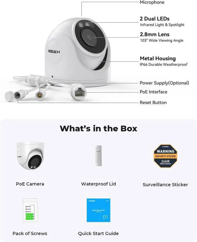 Alt view image 6 of 7 - H.VIEW UltraHD 4K (8MP) Outdoor Security IP Turret PoE Camera, 3840x2160, 98ft NightVision, P67 Weatherproof, 100FT Smart Dual Light Color Night Vision, Built-in Mic,AI Human Motion Detection