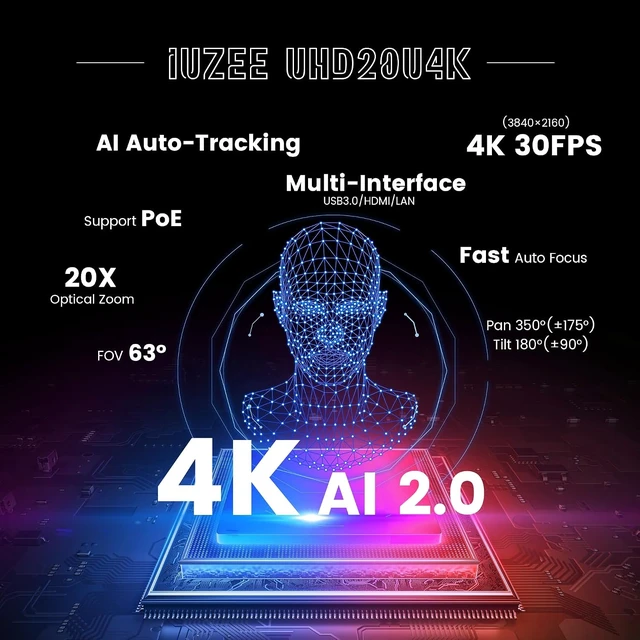 Alt view image 2 of 7 - 4K UHD PTZ Camera AI-Auto Tracking, 20X Optical Zoom, USB3.0/HDMI/LAN PoE, IP Live Streaming, PTZ Conference Room Camera for Church Services Education Conference Events, Work with YouTube OBS