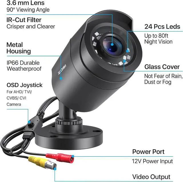 Alt view image 7 of 7 - ZOSI 2-Pack 2MP Outdoor Security Cameras, 1080P 1920TVL Bullet CCTV Camera, 4-in-1 Hybrid TVI/CVI/AHD/CVBS, 80ft Night Vision, Weatherproof Metal Housing.
