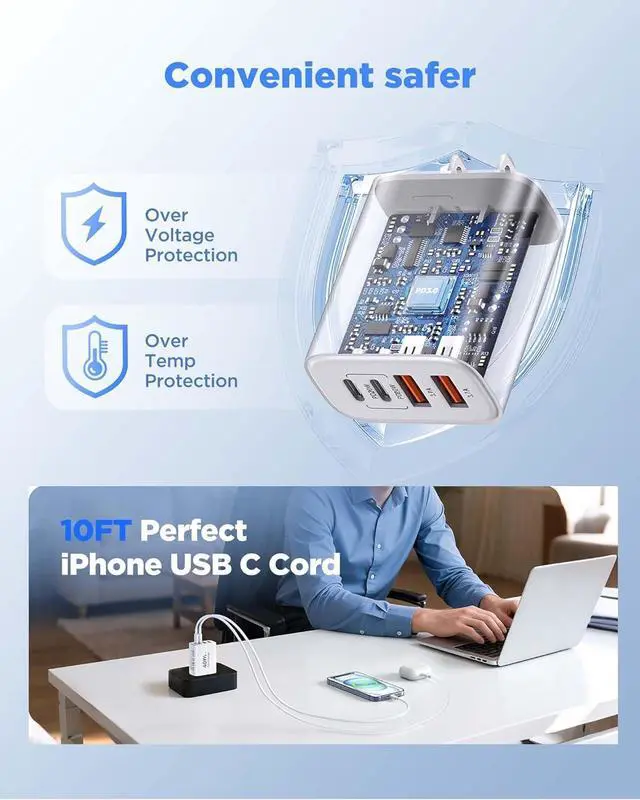 Alt view image 13 of 14 - 40W iPhone 17 16 Charger 2Pack USB C Charger Phone Chargers 4Port USB-A USBC Charger Block with 10FT USB C Cable Cord for iPhone 17 Pro Max/17 Air/16 ProMax/16/15/ AirPods