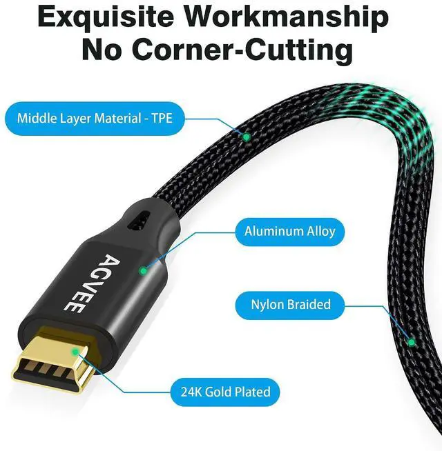 Alt view image 13 of 13 - 2 Pack 6.6ft Mini USB Cable Braided Durable USB-A to Mini-B Charger Charging Cord for TI-84 Garmin GPS Go-Pro Hero 4 3 2 HD PS3 Controller Canon Camera Blue Yeti Microphone Black
