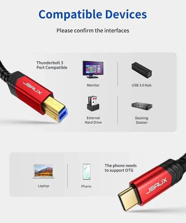 Alt view image 12 of 14 - USB B 3.0 to USB C Printer Cable 10ft USB 3.0 Type B Cable Nylon Briaded Compatible with Docking Station External Hard Drivers and More