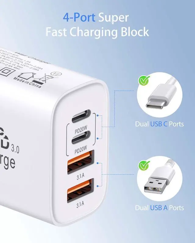 Alt view image 14 of 14 - 40W iPhone 17 16 Charger 2Pack USB C Charger Phone Chargers 4Port USB-A USBC Charger Block with 10FT USB C Cable Cord for iPhone 17 Pro Max/17 Air/16 ProMax/16/15/ AirPods
