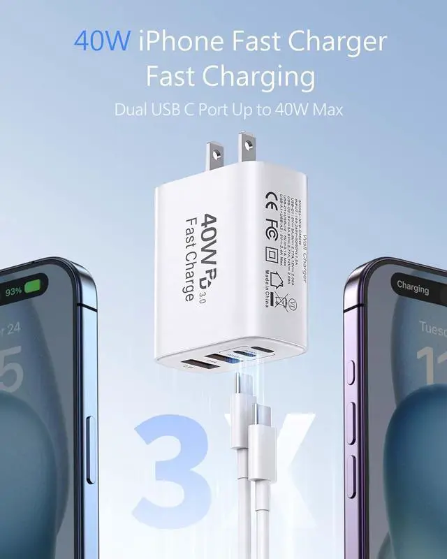 Alt view image 9 of 14 - 40W iPhone 17 16 Charger 2Pack USB C Charger Phone Chargers 4Port USB-A USBC Charger Block with 10FT USB C Cable Cord for iPhone 17 Pro Max/17 Air/16 ProMax/16/15/ AirPods