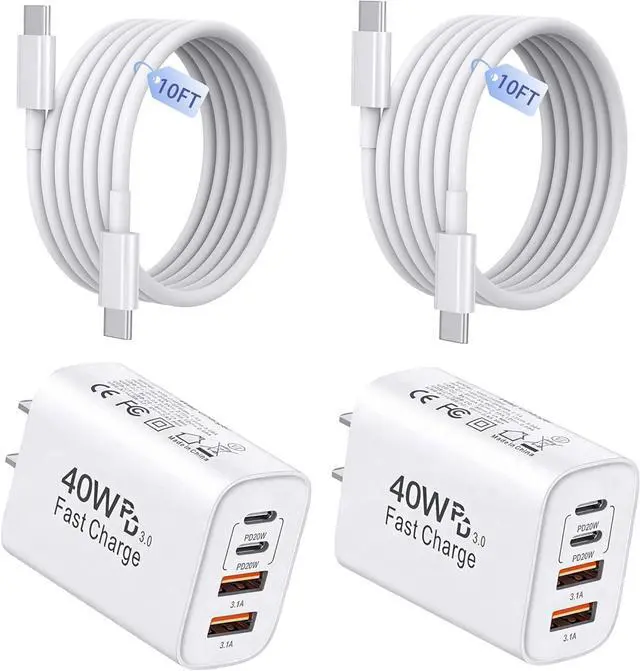 Alt view image 8 of 14 - 40W iPhone 17 16 Charger 2Pack USB C Charger Phone Chargers 4Port USB-A USBC Charger Block with 10FT USB C Cable Cord for iPhone 17 Pro Max/17 Air/16 ProMax/16/15/ AirPods
