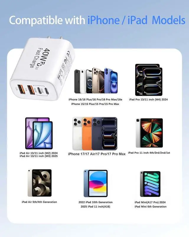 Alt view image 10 of 14 - 40W iPhone 17 16 Charger 2Pack USB C Charger Phone Chargers 4Port USB-A USBC Charger Block with 10FT USB C Cable Cord for iPhone 17 Pro Max/17 Air/16 ProMax/16/15/ AirPods