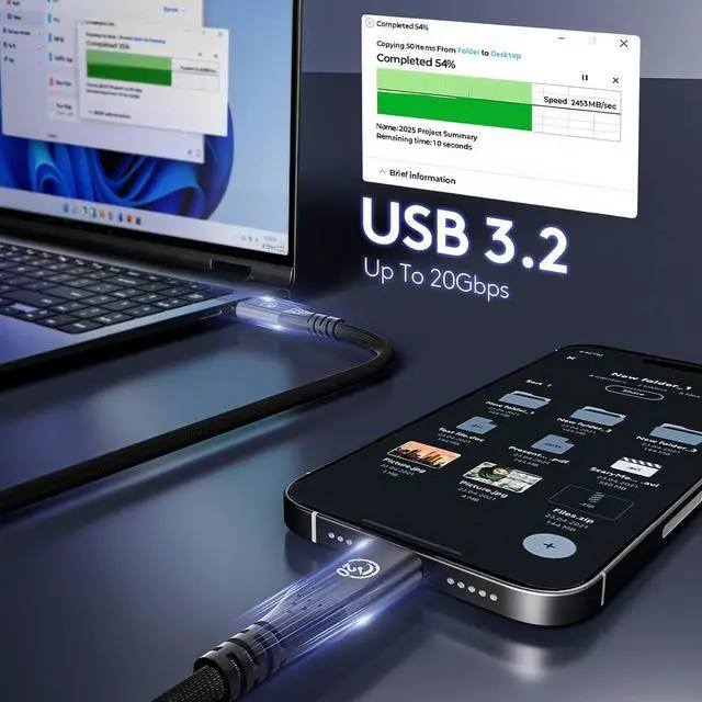 Alt view image 11 of 14 - Flexible USB C to USB C 3.2 Gen 2x2 Cable 6.6FT 2Pack 20Gbps Long USBC High Speed Data Transfer Cable 5K/4K Video Type-C Monitor Cord 240W PD for iPhone 16 Dock SSD