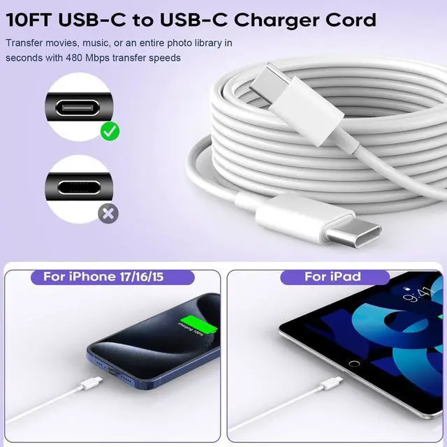 Alt view image 11 of 14 - 10FT iPhone 17 Charger Fast Charging 20W USBC Fast Charger Block Adapter with 10Feet Long USB C to USB C Cable Cord Compatible with iPhone17 Pro Max/17 Pro/17 Air/16e/16Pro/15ProMax Pro/Air/Mini