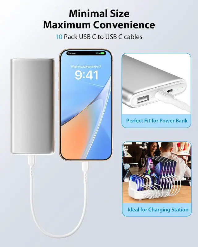 Alt view image 8 of 8 - 10-Pack Short USB C to USB C Cables 8 Inch/0.7Ft 60W Type C Fast Charging Cables Compatible with lPhone Galaxy lPad Charging Station and Power Bank Accessory(White)