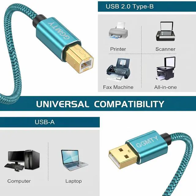 Alt view image 2 of 7 - 6ft USB Printer Cable Nylon Braided USB 2.0 Type A to B Male Cord with Gold-Plated Connectors High Speed Data Transfer Scanner Wire for Midi Keyboard & DAC (Blue)