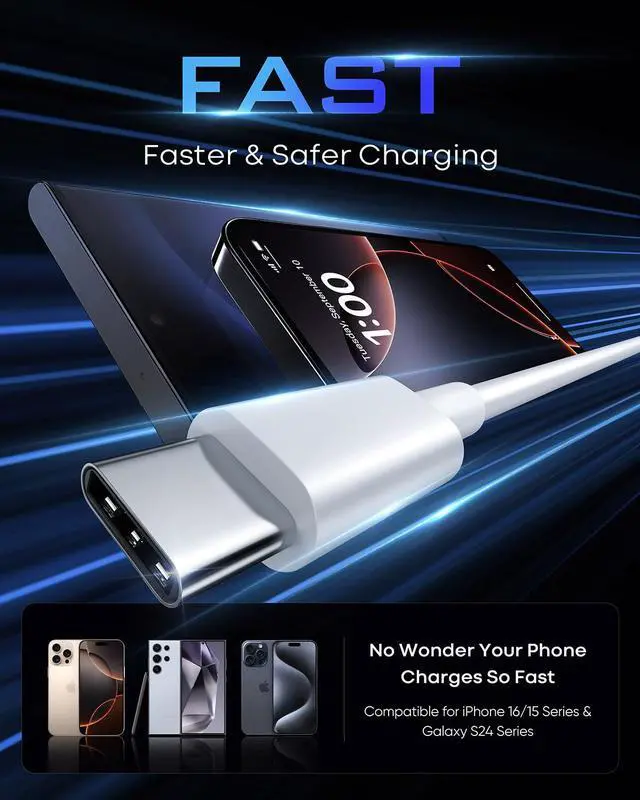 Alt view image 10 of 14 - 12Ft USB C Cable Long USB A to USB C Cable Fast Charging Premium TPE USB A to Type C Charger Cord for iPhone 16 15 Pro Max Plus Galaxy S25 S24 S23 Ultra S23+ Pixel Moto etc. White