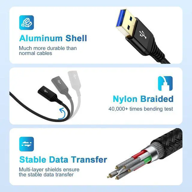 Alt view image 14 of 14 - USB Extension Cable 10FT USB Extender USB 3.0 Charger Cord Fast Charging Cable 10 FT Extra Long Type A Male to Female High Speed Data Transfer for Keyboard Mouse Printer Camera