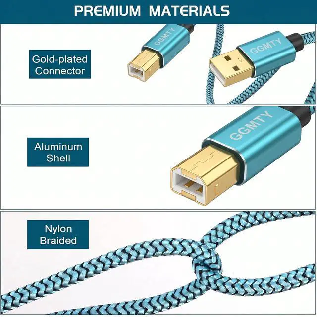 Alt view image 6 of 7 - 6ft USB Printer Cable Nylon Braided USB 2.0 Type A to B Male Cord with Gold-Plated Connectors High Speed Data Transfer Scanner Wire for Midi Keyboard & DAC (Blue)