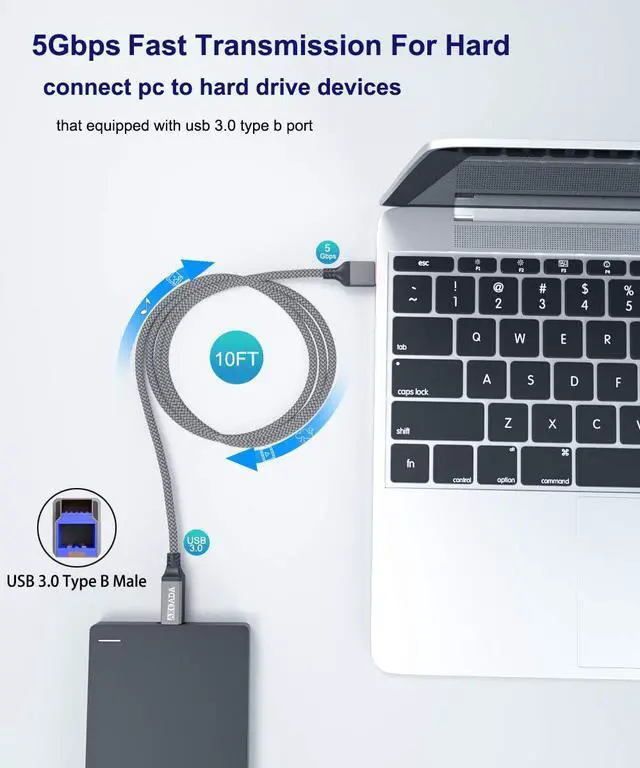 Alt view image 10 of 11 - USB 3.0 Cable (10FT) Durable Nylon Braided USB A to USB B Cable Compatible with Printers Monitor Docking Station External Hard Drivers Hub and More Devices(Grey)