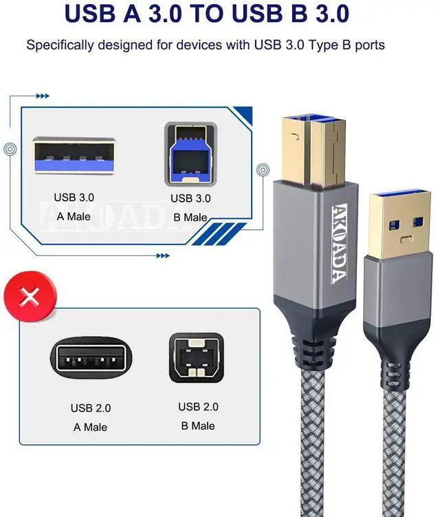 Alt view image 11 of 11 - USB 3.0 Cable (10FT) Durable Nylon Braided USB A to USB B Cable Compatible with Printers Monitor Docking Station External Hard Drivers Hub and More Devices(Grey)