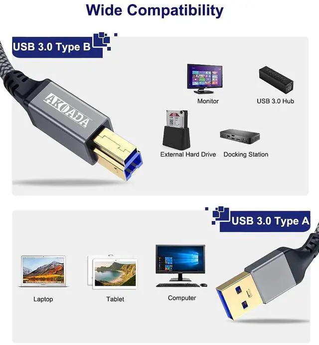 Alt view image 9 of 11 - USB 3.0 Cable (10FT) Durable Nylon Braided USB A to USB B Cable Compatible with Printers Monitor Docking Station External Hard Drivers Hub and More Devices(Grey)
