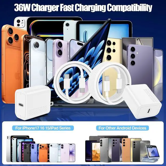 Alt view image 12 of 12 - 40W USB C Fast Charger for iPhone 17/ Air/16/15 Pro Max 2Pack 10FT Type C Charger Block & Cable PD 3.0 Super Fast Charging for iPad Pro MacBook Air/Pro M1/M2 AirPods