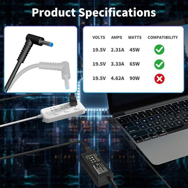 Alt view image 12 of 14 - 65W Power Cord Adapter Replacement for HP Laptop Charger 65W 45W Computer Charger Blue Tip