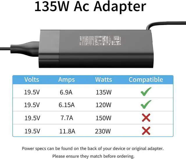 Alt view image 9 of 14 - 135W AC Adapter Compatible with HP Spectre X360 15 15T 16 Omen 15 17 Pavilion Gaming 15 Envy Touchsmart 14 15 M7 L15534-001 M85390-002 L15534-101 Power Supply Cord