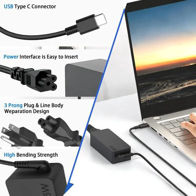 Alt view image 12 of 14 - 65W/45W USB C Laptop Charger Replacement Compatible with Lenovo Thinkpad/Yoga/Chromebook ADLX65YDC2A USB Type C Power Adapter