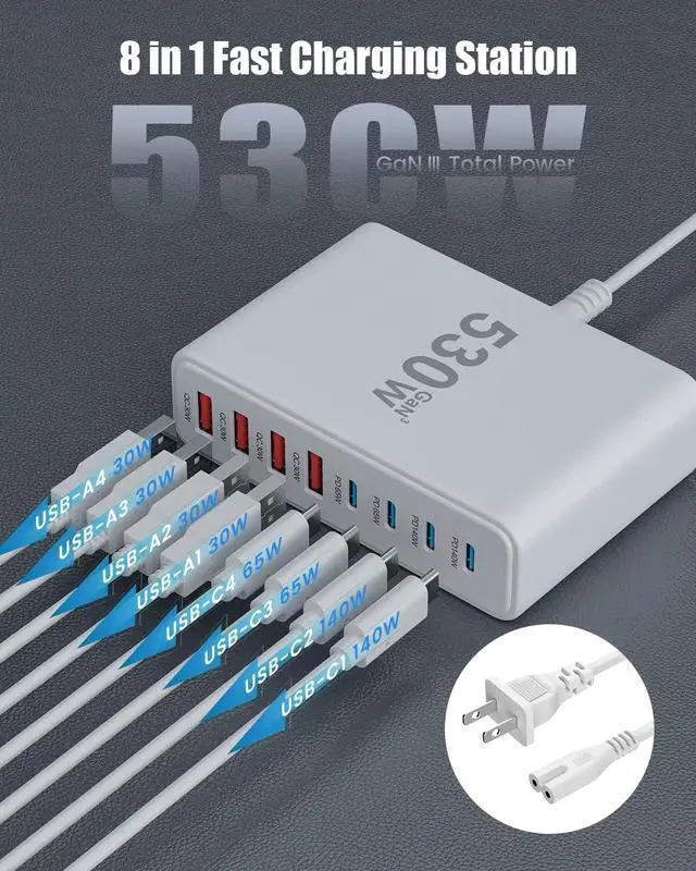 Alt view image 2 of 7 - 530W USB C Charger Block,8-Port USB C Charging Station GaN IV Travel Essentials Multiple Port Charging Station,140W Laptop Fast Charger Adapter for MacBook Pro/Air,DELL,iPad,iPhone,Samsung Galaxy