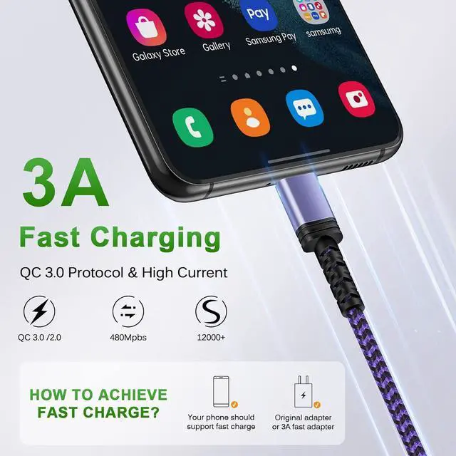 Alt view image 9 of 14 - Fast Charging Type C Charger Cable Android Phone Power Cord 6FT for Galaxy A23/A15 5G/A14 5G/A54/A53/S24/S23 Ultra/A13/A03S/S21FE/A25/Z Flip5/Z Fold5/S22 iPhone 15 Pixel 8Pro 7a 6 Moto