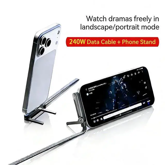 Alt view image 14 of 14 - 2-in-1 Invisible Stand Charger Cable | 240W Super Fast Charging USB-C to USB-C with Foldable Stand Compatible with iPhone & Perfect for Gaming Office & Car Travel