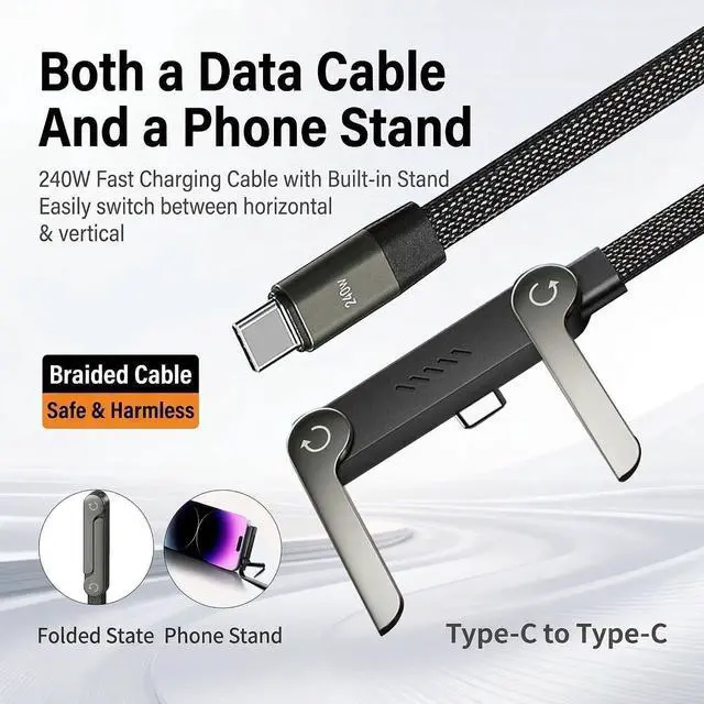 Alt view image 9 of 14 - 2-in-1 Invisible Stand Charger Cable | 240W Super Fast Charging USB-C to USB-C with Foldable Stand Compatible with iPhone & Perfect for Gaming Office & Car Travel