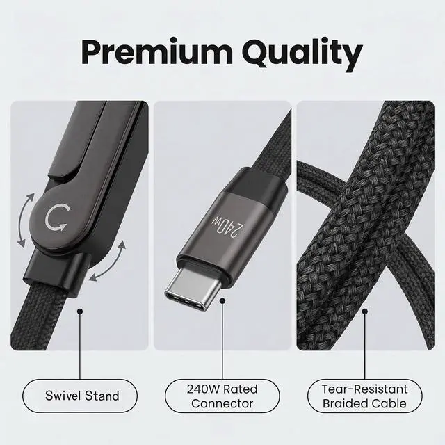 Alt view image 13 of 14 - 2-in-1 Invisible Stand Charger Cable | 240W Super Fast Charging USB-C to USB-C with Foldable Stand Compatible with iPhone & Perfect for Gaming Office & Car Travel