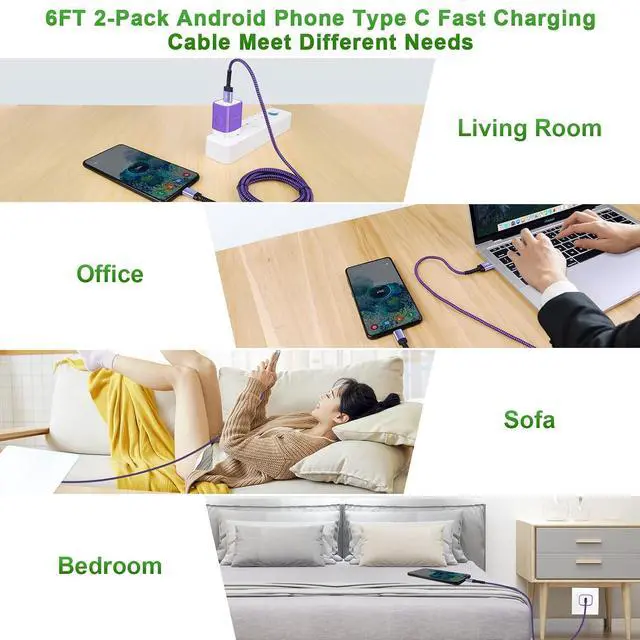 Alt view image 14 of 14 - Fast Charging Type C Charger Cable Android Phone Power Cord 6FT for Galaxy A23/A15 5G/A14 5G/A54/A53/S24/S23 Ultra/A13/A03S/S21FE/A25/Z Flip5/Z Fold5/S22 iPhone 15 Pixel 8Pro 7a 6 Moto