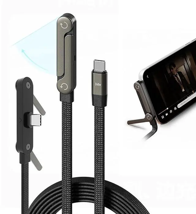 Alt view image 8 of 14 - Sideways Phone Charger 240W Fast Charging Cable 2-in-1 Invisible Holder Charger Cable with Built-in Phone Stand for Smartphones Tablets (1Pc C-C)