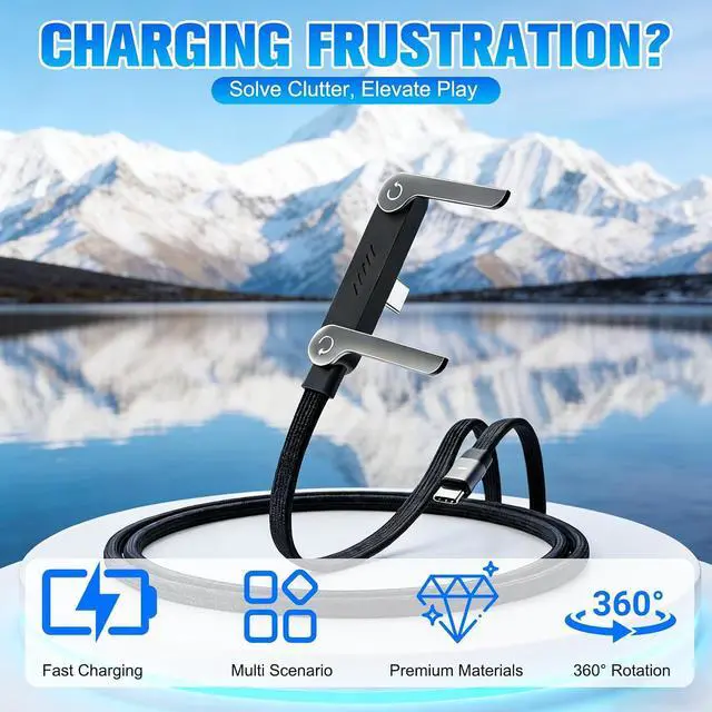 Alt view image 9 of 14 - Sideways Phone Charger 240W Fast Charging Cable 2-in-1 Invisible Holder Charger Cable with Built-in Phone Stand for Smartphones Tablets (1Pc C-C)