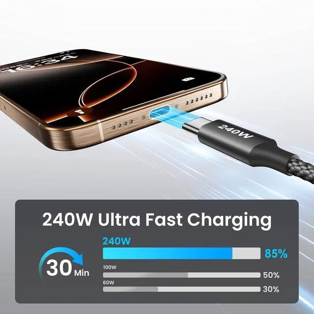 Alt view image 10 of 14 - 240W USB C to USB C Cable 10ft 2-Pack Super Fast Charging Type C Charger Cord for iPhone 17 16 15 Series Galasy S25 S24 for MacBook iPad Deck Switch USBC Laptop