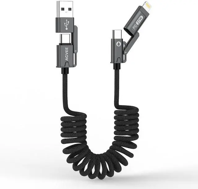 Alt view image 8 of 14 - 3ft 4-in-1 Coiled Multi USB C Charging Cable Secure-Slide No-Loss Adapters Slim Tips Fit Thick Cases Lightning End Reinforced PD 60W for iPhone Carplay iPad Black